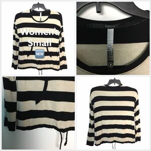 Women’s Kensie Small 4 - 6 Sweater Striped Long Sleeve Black Khaki Kangaroo EUC